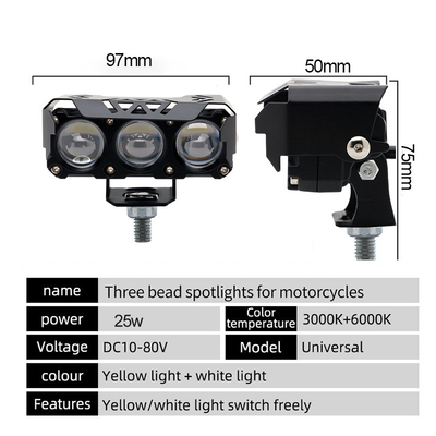 Trois globes oculaires projecteurs de moto LED phare proche jaune très blanc lumière auxiliaire