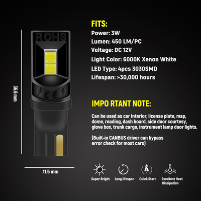 360 degrés LED ampoules T10 194 168 147 W5W 3030 voiture LED ampoules intérieures sans erreur Plaque d'immatriculation