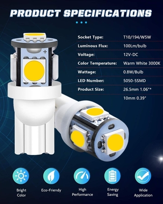 194 ampoules des véhicules à moteur de LED 6500K coincent T10 SMD 5050 ébrèche
